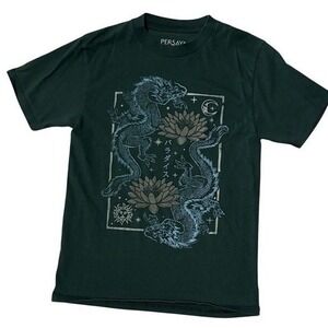 Persaya Dark Green Dragon Lotus Graphic T Shirt Womens Small